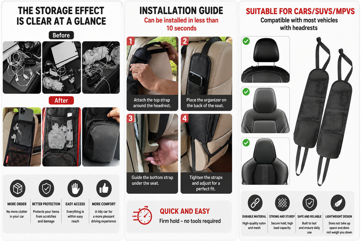 Car Seat Side Organiser 2-Pack – Foldable Oxford Fabric Storage Bag with Multi-Pocket & Mesh Pouches