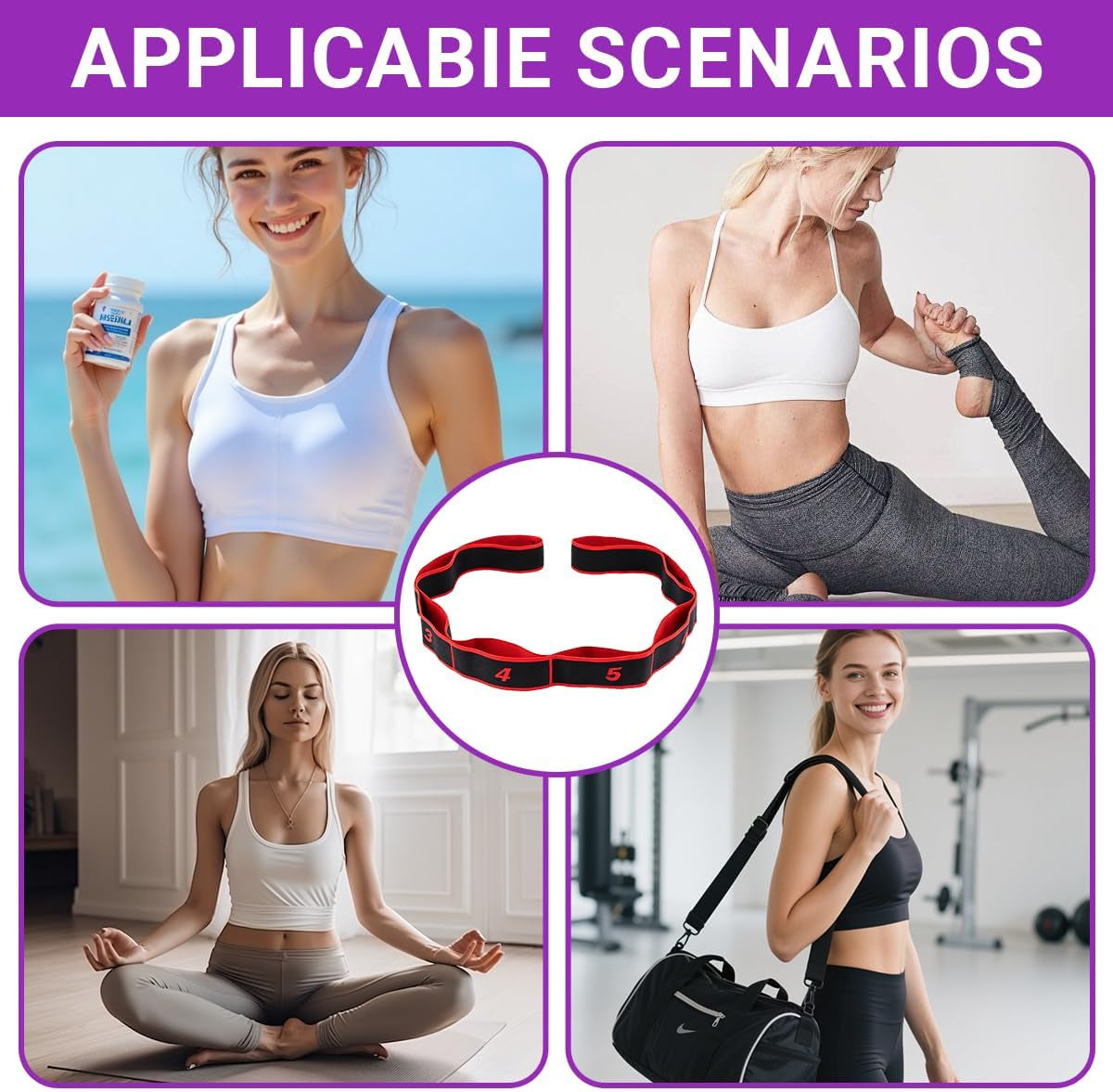 Yoga Stretching Strap, Stretching Band Mit 8 Schleifen, Yoga Stretch Gurt, Fitness Stretchband, 90Cm Länge, Hochelastischer Gymnastikband Für Effektives Stretching, Pilates, Tanz (Rot)
