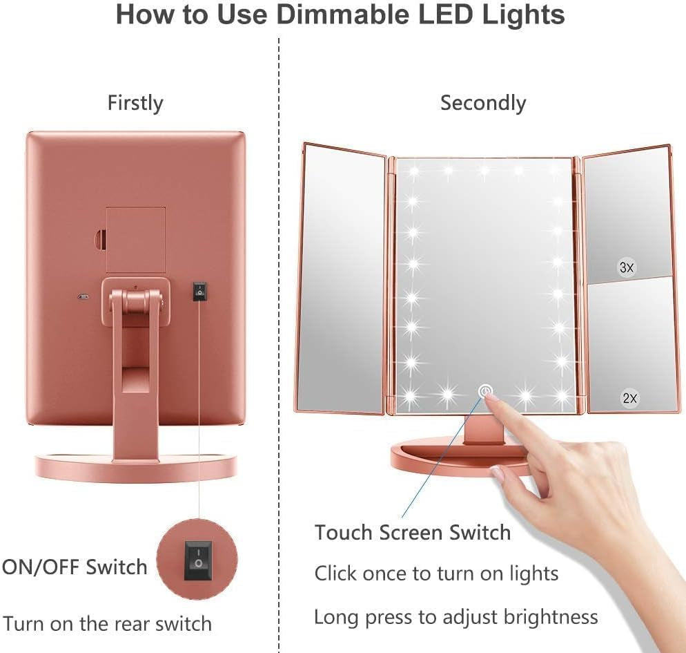 WEILY Schminkspiegel Mit Beleuchtung, Faltbarer Kosmetikspiegel Mit 3X/2X/1X Vergrößerung, 21 Natürliche LED Lichter, Batteriebetrieben Order USB Aufladen Dimmbarer Makeup Mirror (Rosengold)