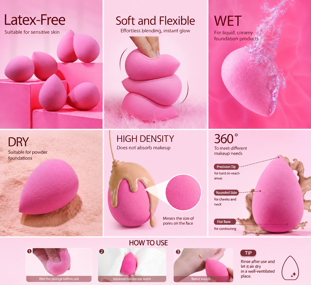 Makeup Sponge Set – 6-Pack Beauty Blender Sponges for Foundation, Powder & Concealer | Reusable