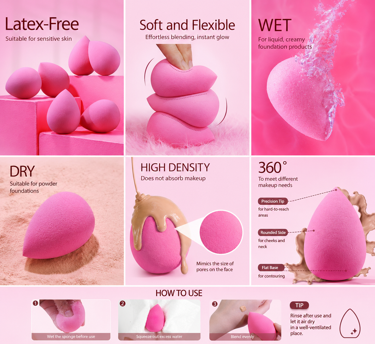 Makeup Sponge Set – 6-Pack Beauty Blender Sponges for Foundation, Powder & Concealer | Reusable
