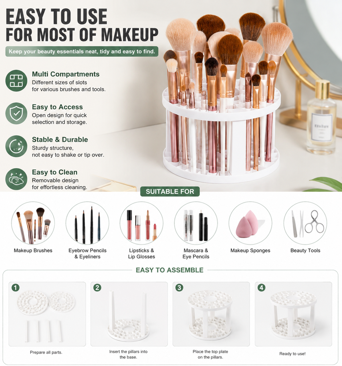 49-Slot Makeup Brush Holder – Round Plastic Organiser for Brushes, Pencils & Cosmetic Tools | Vanity, Bedroom & Bathroom | Beige