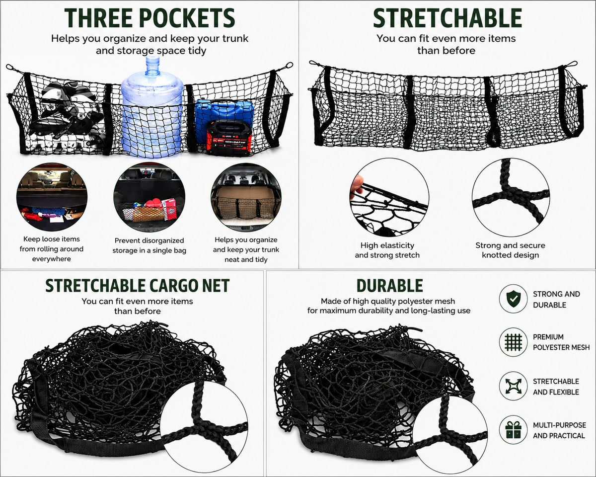 Car Boot Net Organizer – 3-Section Trunk Cargo Net Bag with Large Capacity