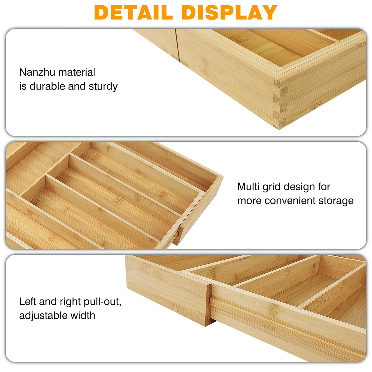 BRIEFNESS Expandable Bamboo Drawer Organizer 8-Slot Adjustable, Kitchen Utensil Tray, Knife Fork Divider, Eco Cutlery Storage