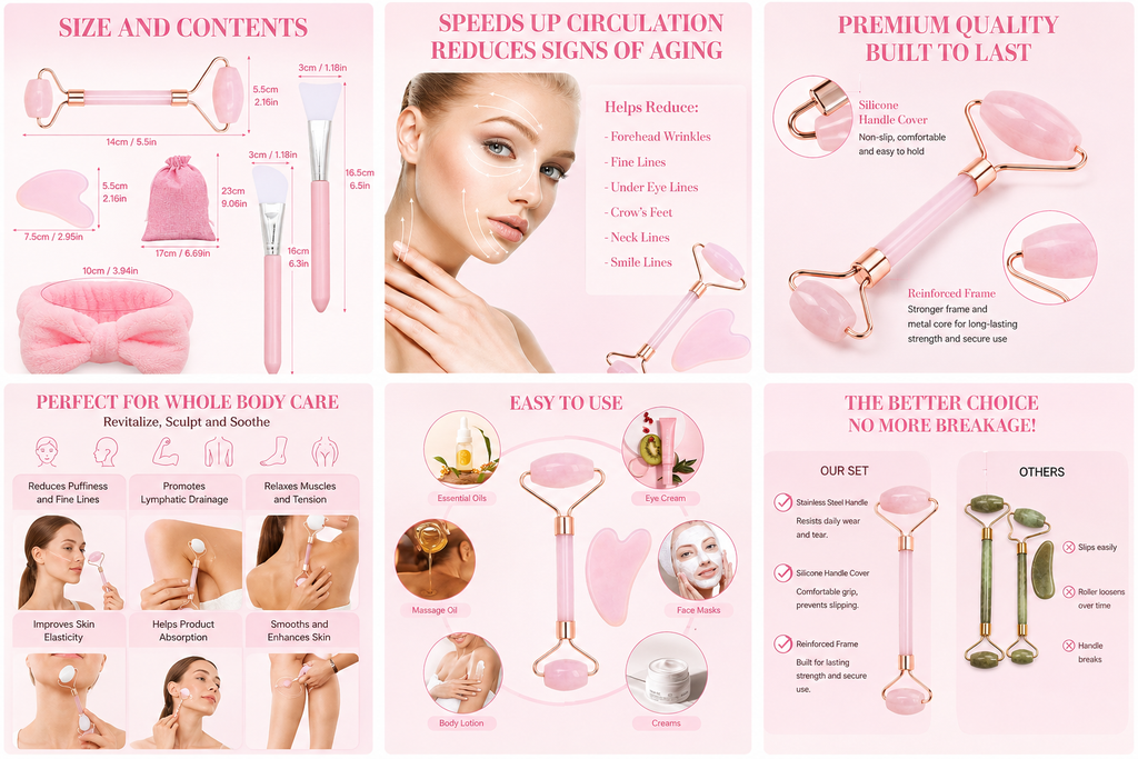 Jade Gua Sha Stone Set – Natural Jade Face Roller & Massage Tool for Skin Tightening (Pink)