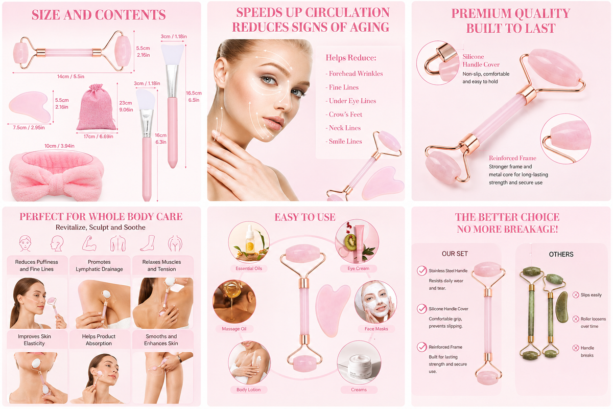 Jade Gua Sha Stone Set – Natural Jade Face Roller & Massage Tool for Skin Tightening (Pink)