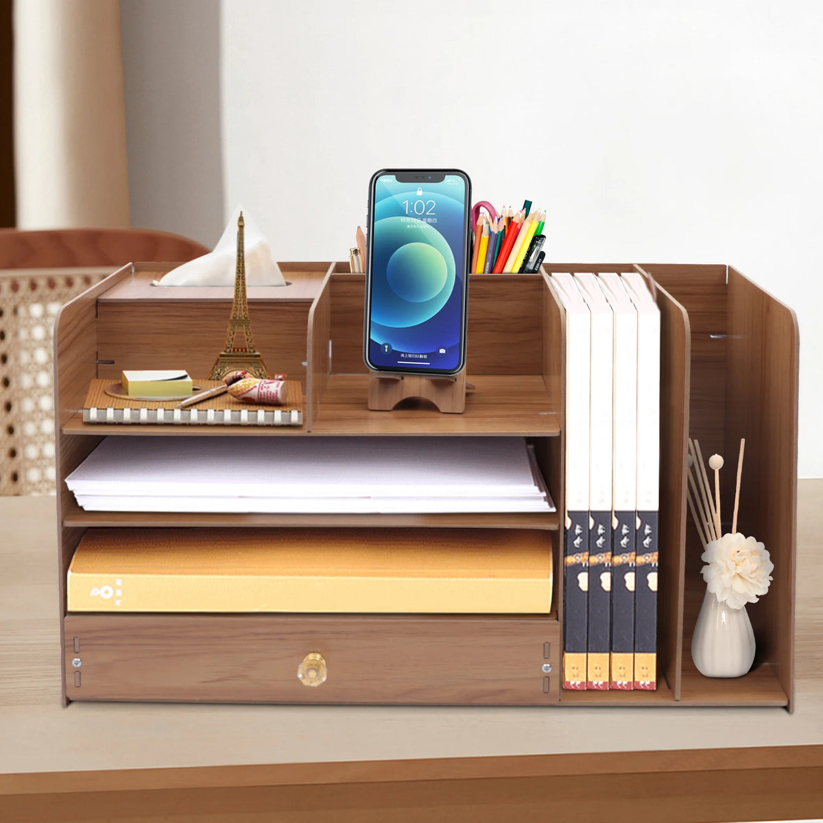 4-Layer Desktop Organizer A4 File Organizer Office Stationery Book Storage Rack with Phone Stand Tissue Box 48*23*28Cm
