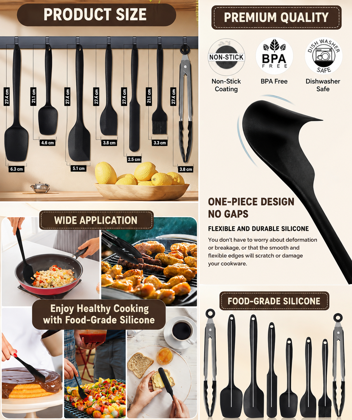 Silicone Spatula Set 7-Piece with Kitchen Tongs – Heat Resistant to 230°C