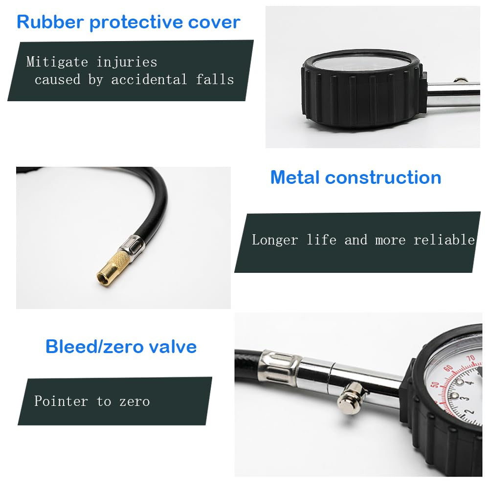 Reifendruckprüfer,Luftdruckprüfer, Genaue Reifendruckprüfer Mit Flexiblem Schlauch, Leuchtzifferblatt, Mechanischer Luftdruckmesser Für Schrader-Ventil Von Fahrrad, Motorrad, Auto, SUV