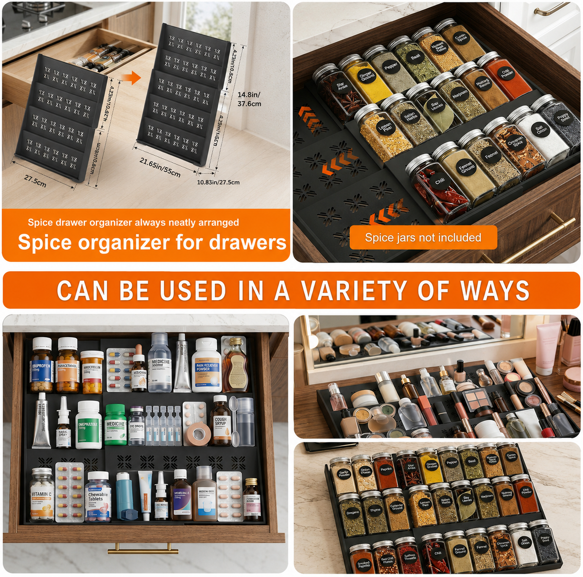 Priksia Spice Rack Drawer Insert – Adjustable Width Kitchen Organiser for Spice Jars