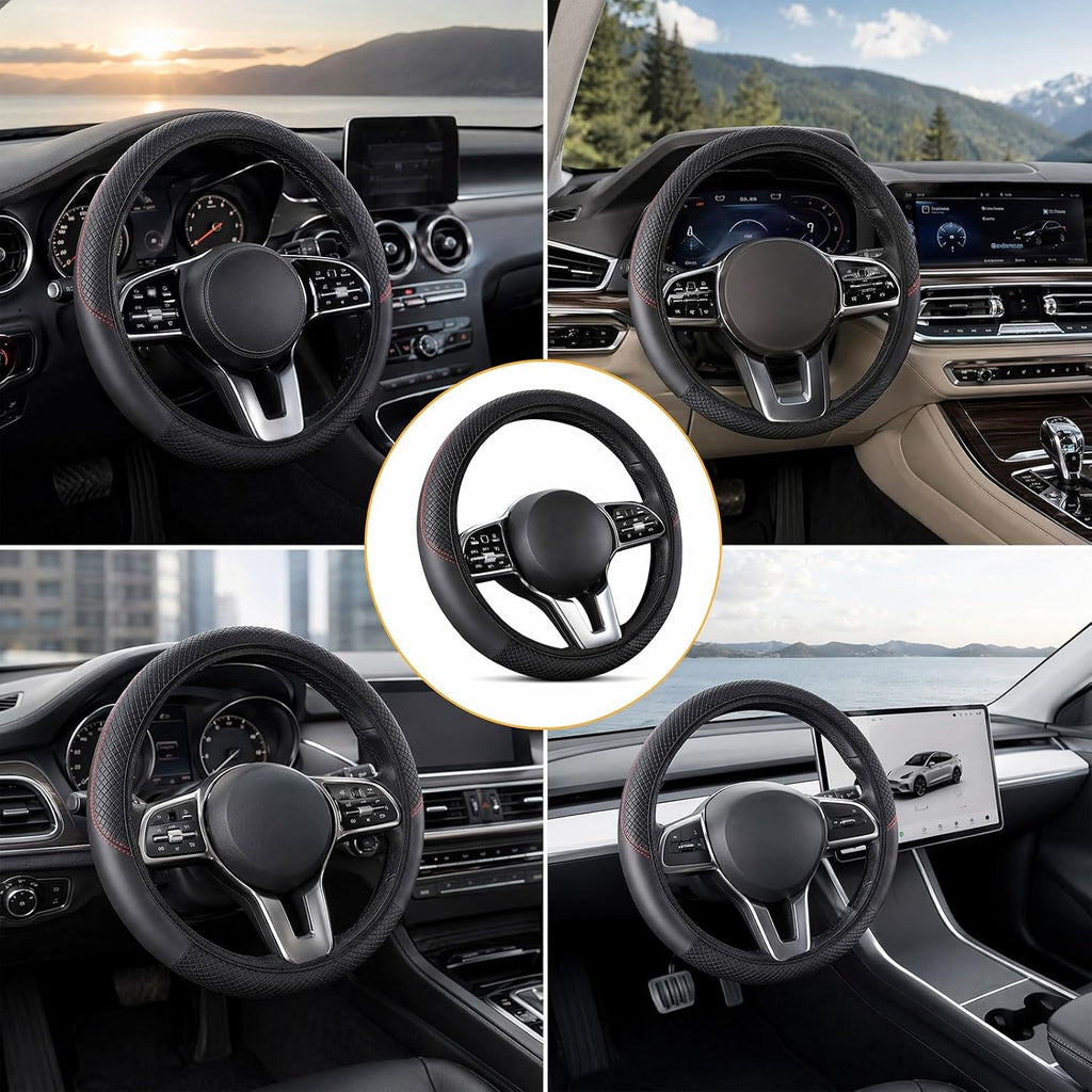 Auto Lenkradbezug Leder Lenkradhülle, 37-38Cm Universal anti Rutsch Steering Wheel Cover Mit 2 Mini-Autohaken, Gemütliche Atmungsaktive Lenkradschoner Für Meisten Auto, SUV, LKW (Schwarz)