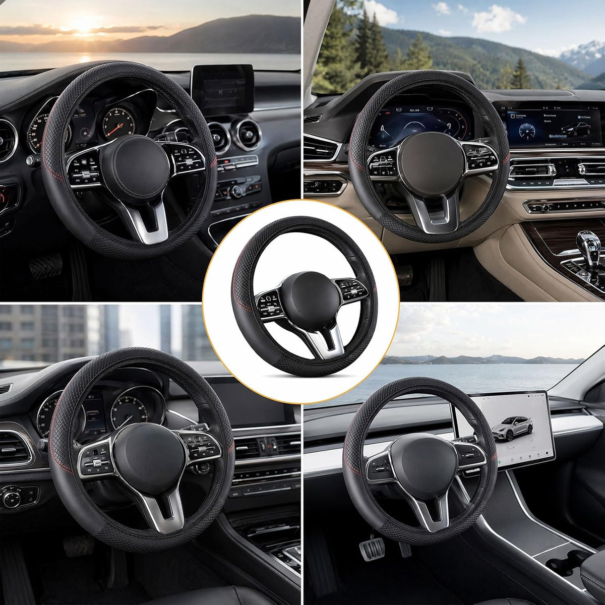 Auto Lenkradbezug Leder Lenkradhülle, 37-38Cm Universal anti Rutsch Steering Wheel Cover Mit 2 Mini-Autohaken, Gemütliche Atmungsaktive Lenkradschoner Für Meisten Auto, SUV, LKW (Schwarz)