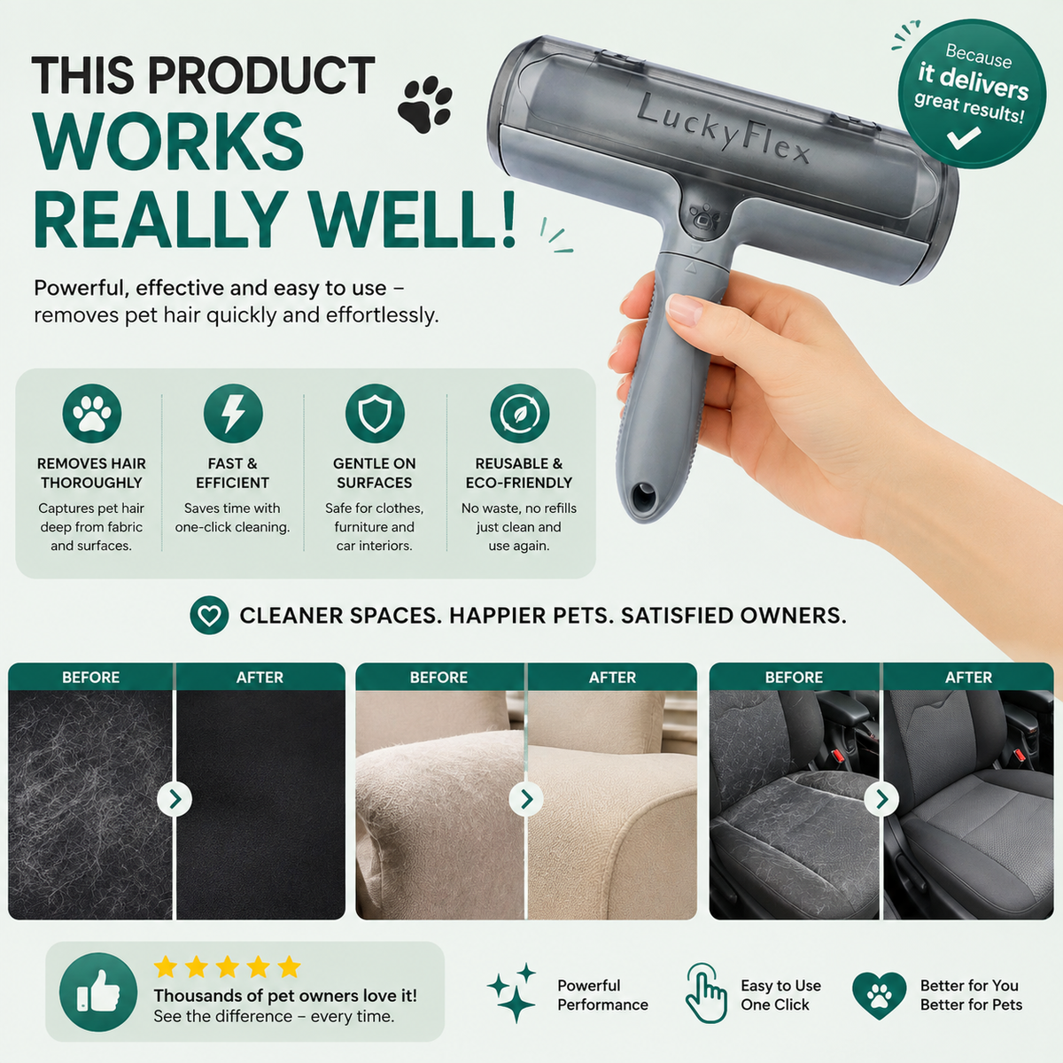 LuckyFlex Pet Hair Remover – Reusable Lint Roller for Cat & Dog Hair | Sofa, Bed, Clothes & Car