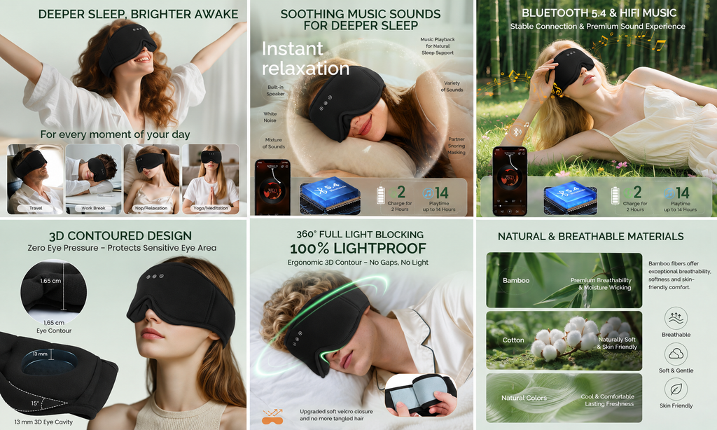 MUSICOZY Sleep Mask with Bluetooth Headphones – 3D Blackout Eye Mask & Wireless Earphones for Side Sleepers