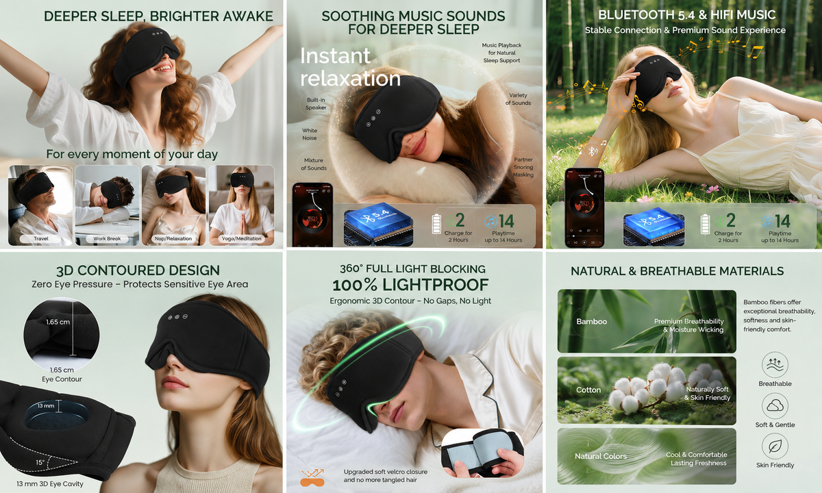 MUSICOZY Sleep Mask with Bluetooth Headphones – 3D Blackout Eye Mask & Wireless Earphones for Side Sleepers