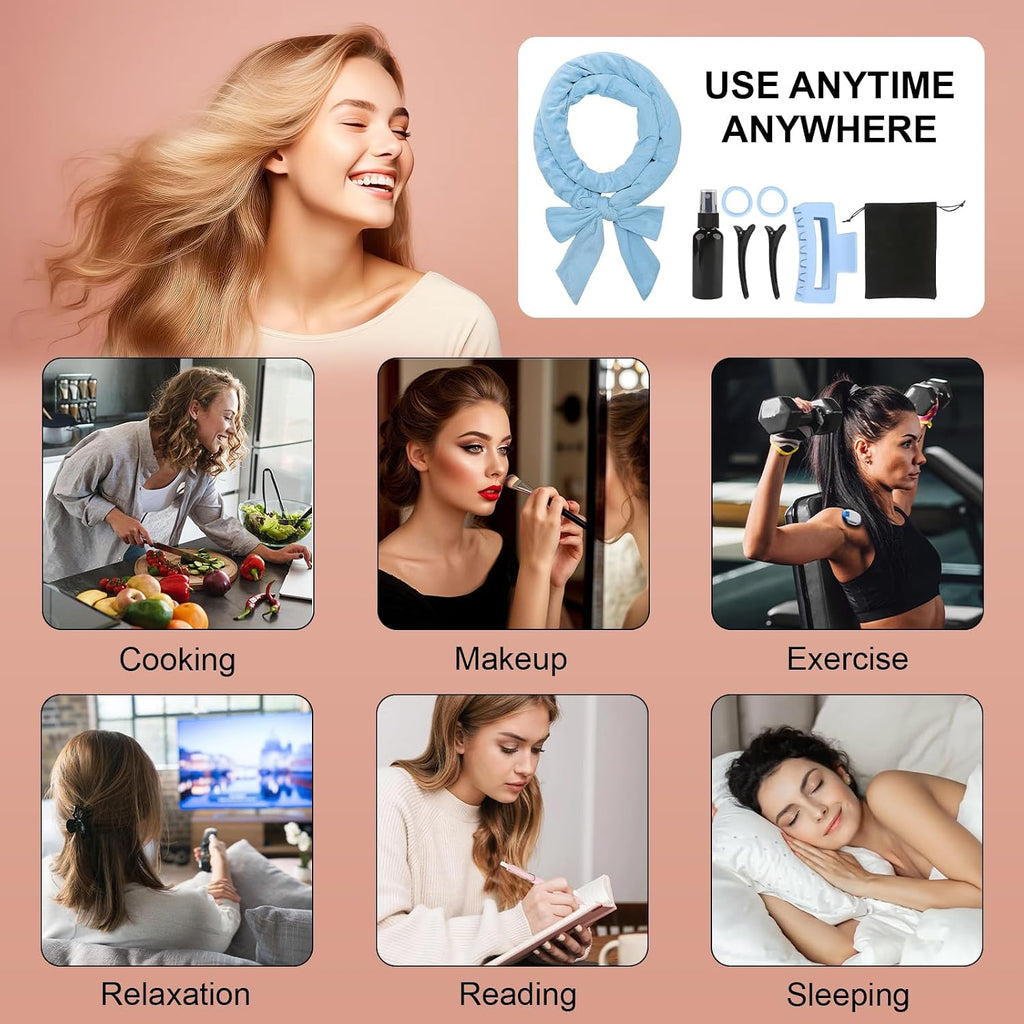 Neu Lockenwickler Locken Ohne Hitze,Heatless Curls Band Samt Über Nacht Mit Haarnadel Rutschfest DIY Hair Curler No Hea Set Haarband Wave Formers Für Mittleres Langes Haar Blau