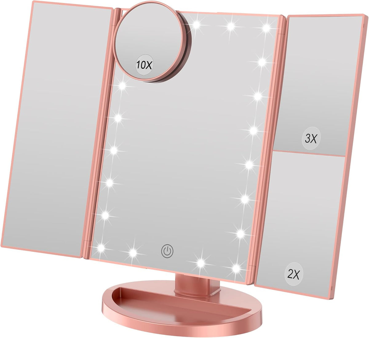 WEILY Schminkspiegel Mit Beleuchtung, Faltbarer Kosmetikspiegel Mit 3X/2X/1X Vergrößerung, 21 Natürliche LED Lichter, Batteriebetrieben Order USB Aufladen Dimmbarer Makeup Mirror (Rosengold)
