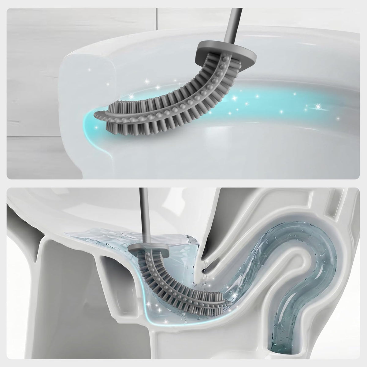 Silikon Toilettenbürste Mit Halter - Klobürste Silikon Flach, Auch Unter Dem Rand - Hygienisch Abspülbar, Tropffreier - WC Bürste Wandmontage Ohne Bohren, Selbstklebend, 1Er Grau