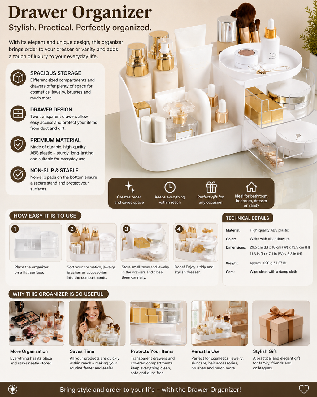 Makeup Organizer with Drawer – Countertop Cosmetic Storage for Vanity, Bedroom & Bathroom | Multi-Purpose Beauty Organizer