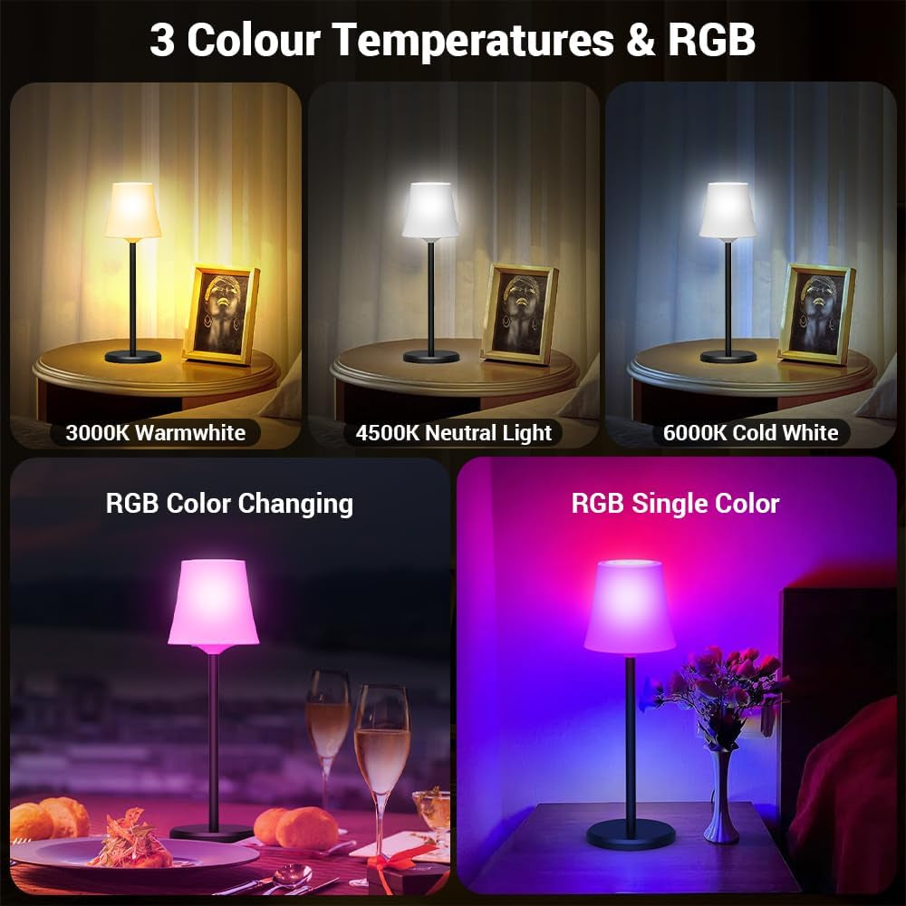 Tischlampe Kabellos Mit 3 Farbmodi+ RGB LED Tishcleuchte Aufladbar Akku Touch Control Stufenlos Dimmbar Nachttischlampe IP54 Wasserdicht Für Wohnzimmer Outdoor Esszimmer Camping Balkon Bar