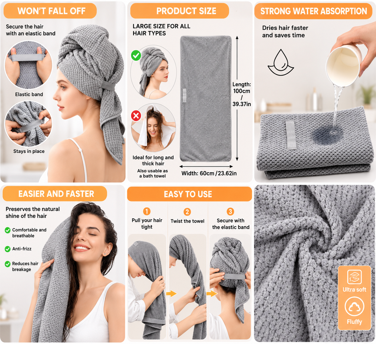 KQDRAVINE Microfibre Hair Towel – Set of 2, Quick-Dry, Super Absorbent, Elastic Band, 100x60cm (Grey)