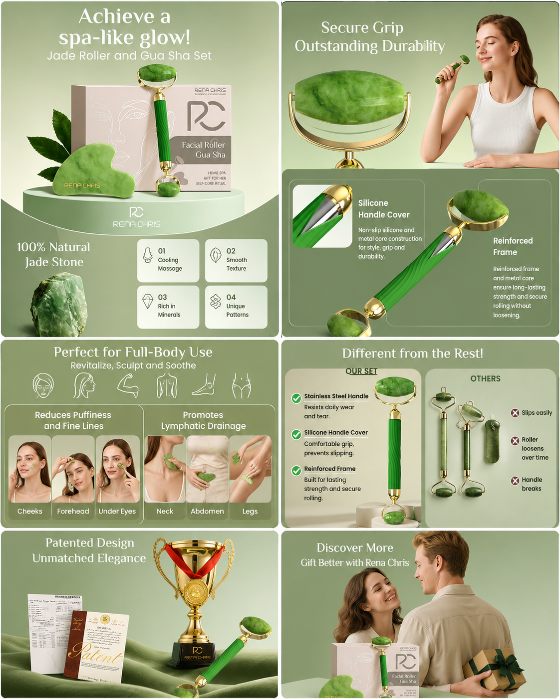 Rena Chris Jade Gua Sha & Face Roller Set – Premium Xiuyan Jade for Jaw Contouring & Puffiness Relief