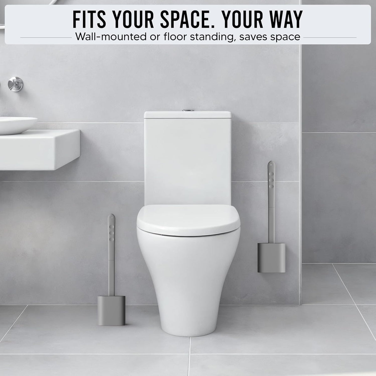 Silikon Toilettenbürste Mit Halter - Klobürste Silikon Flach, Auch Unter Dem Rand - Hygienisch Abspülbar, Tropffreier - WC Bürste Wandmontage Ohne Bohren, Selbstklebend, 1Er Grau