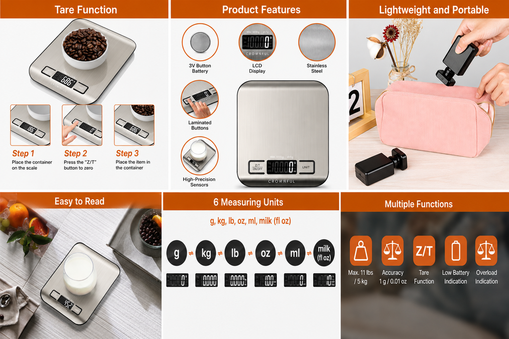 CROWNFUL Digital Kitchen Scale – 5kg Stainless Steel Food Scale with LCD Display & Tare Function | 6 Units (Silver)