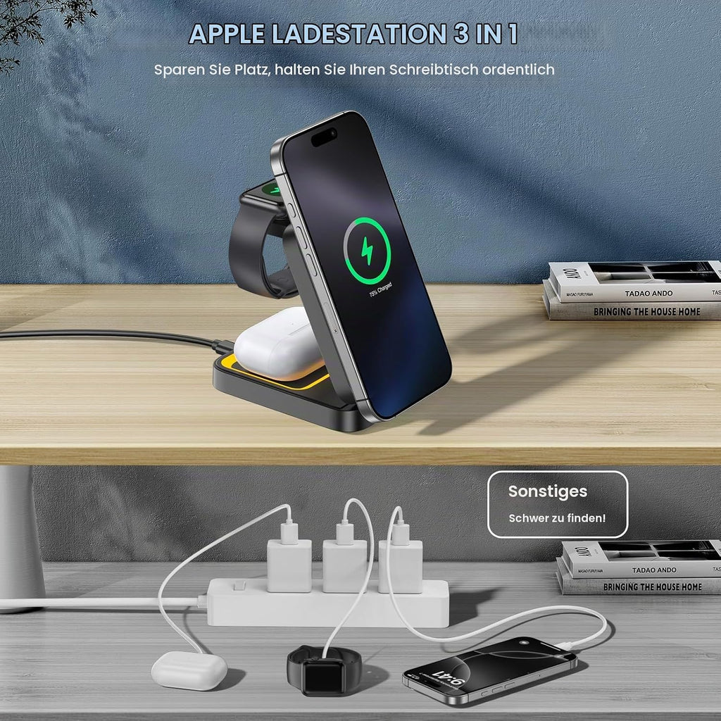 Ladestation Iphone 3 in 1, Ladestation Apple Watch Und Iphone, Induktive Ladegerät Für Iphone17 16 15 14 13 12 11 Pro Max SE X XS XR 8 Serie & Apple Watch & Air Pods Pro Kabelloses Wireless Charger