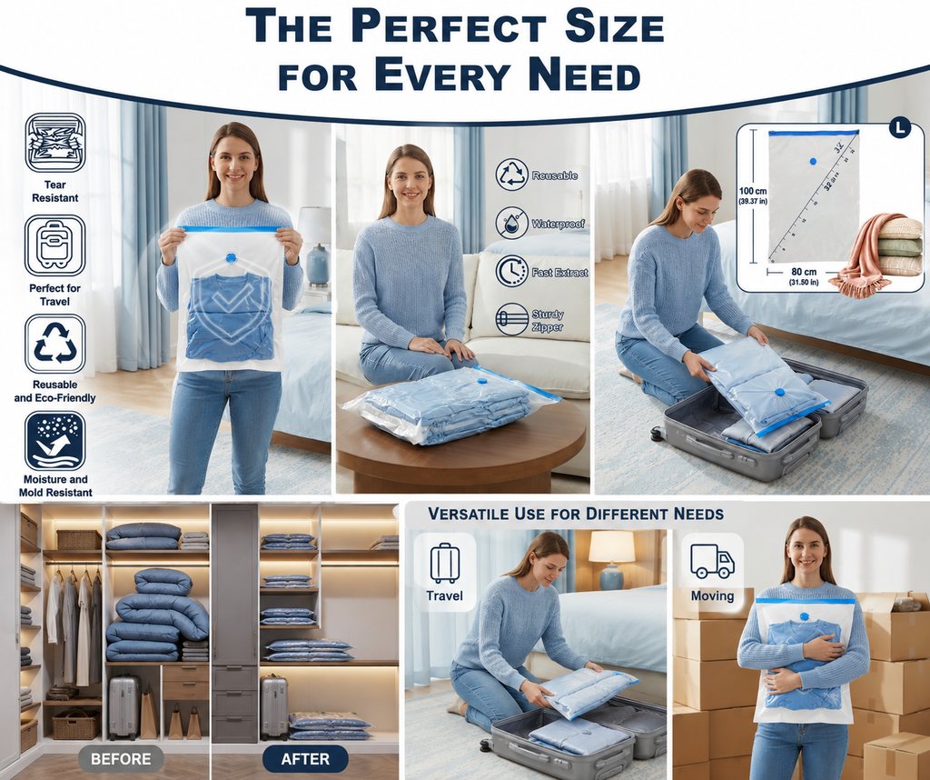 Vacuum Storage Bags 4-Pack (100x80cm) – Space-Saving Airtight Bags for Clothes, Duvets & Travel
