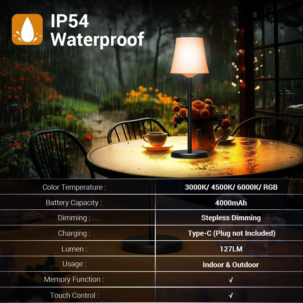 Tischlampe Kabellos Mit 3 Farbmodi+ RGB LED Tishcleuchte Aufladbar Akku Touch Control Stufenlos Dimmbar Nachttischlampe IP54 Wasserdicht Für Wohnzimmer Outdoor Esszimmer Camping Balkon Bar