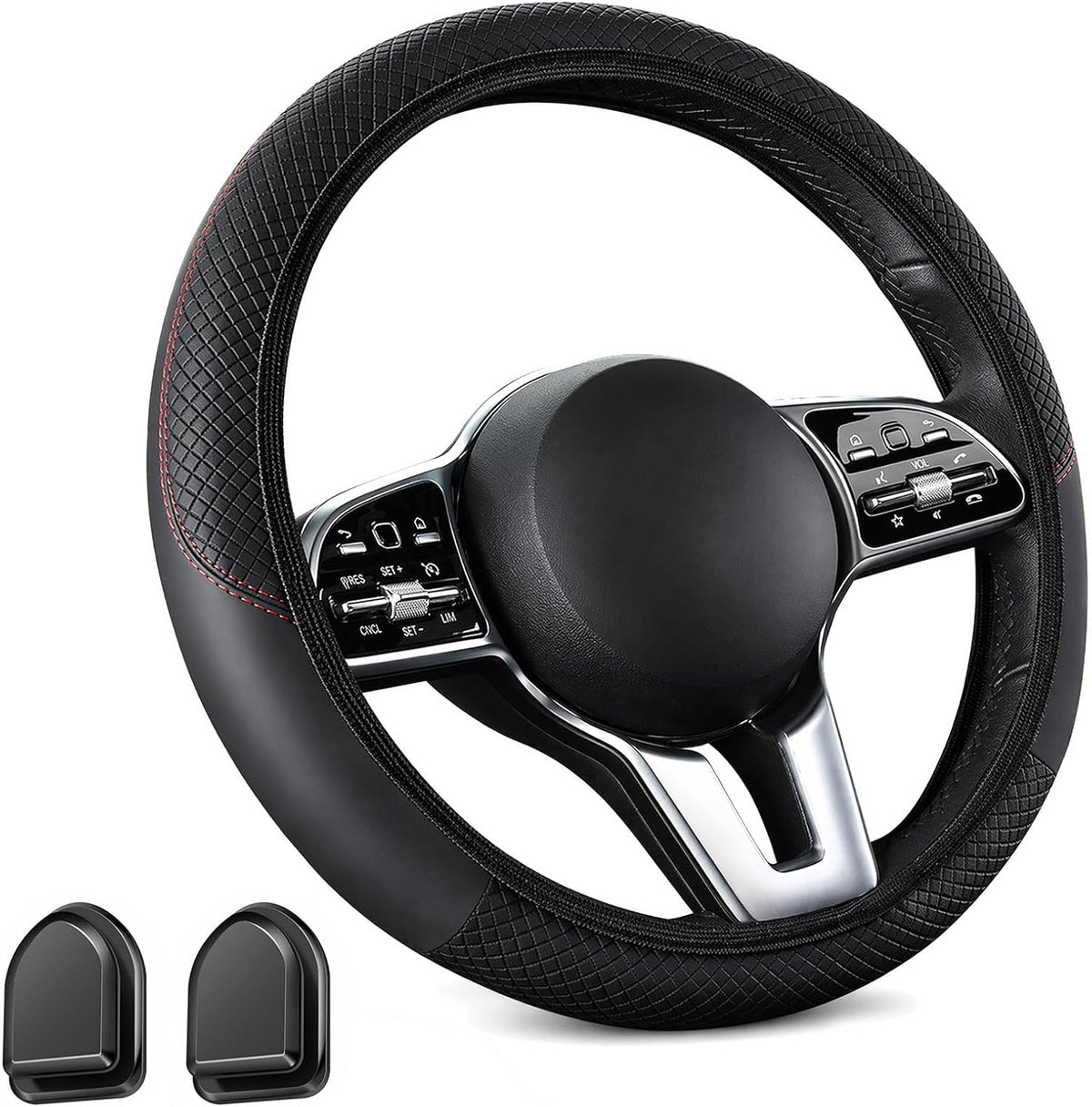 Auto Lenkradbezug Leder Lenkradhülle, 37-38Cm Universal anti Rutsch Steering Wheel Cover Mit 2 Mini-Autohaken, Gemütliche Atmungsaktive Lenkradschoner Für Meisten Auto, SUV, LKW (Schwarz)