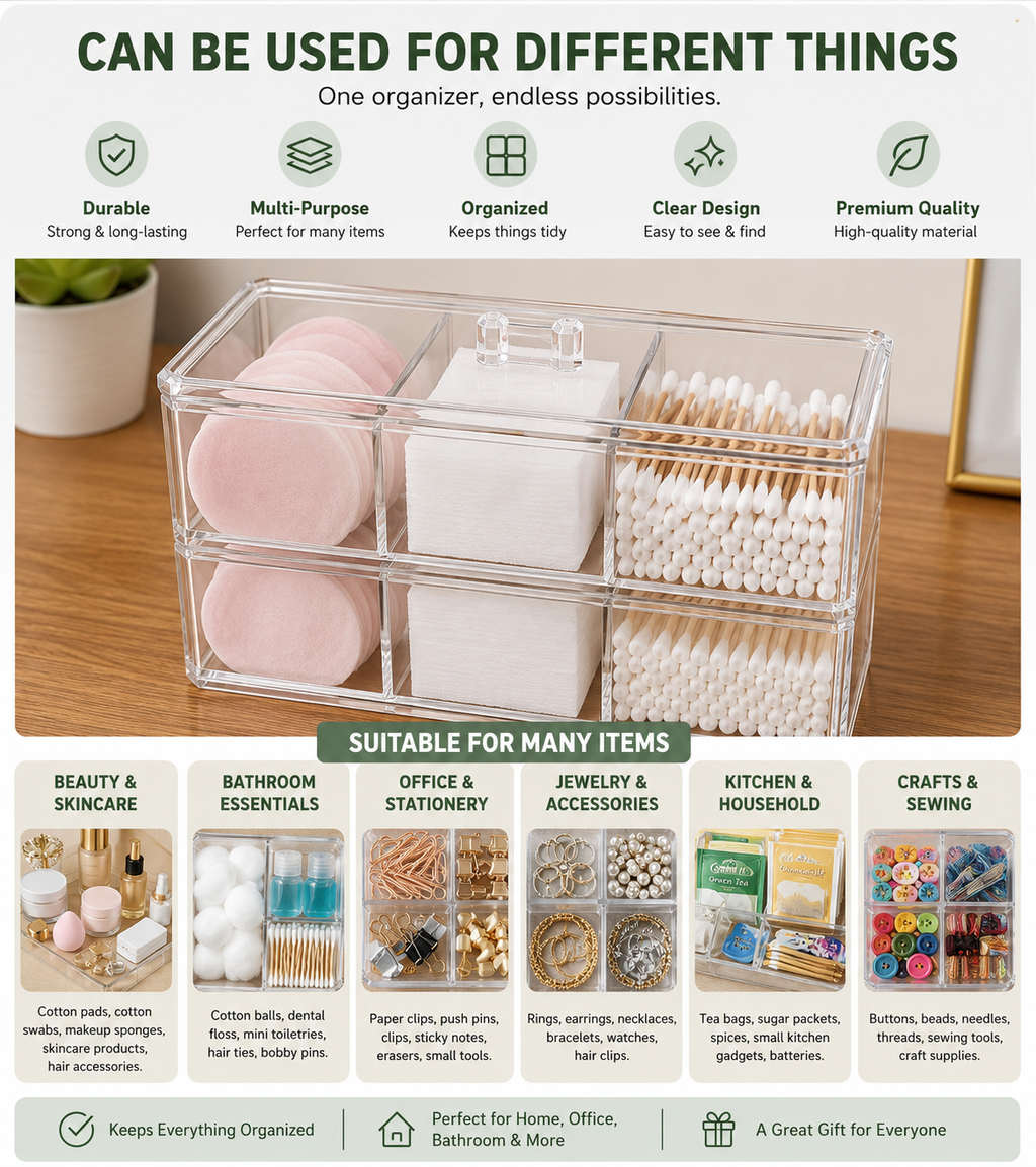 Clear Acrylic Cotton Swab & Pad Organiser with Lid – 3-Section Bathroom Storage for Q-Tips, Cotton Balls & Hair Accessories