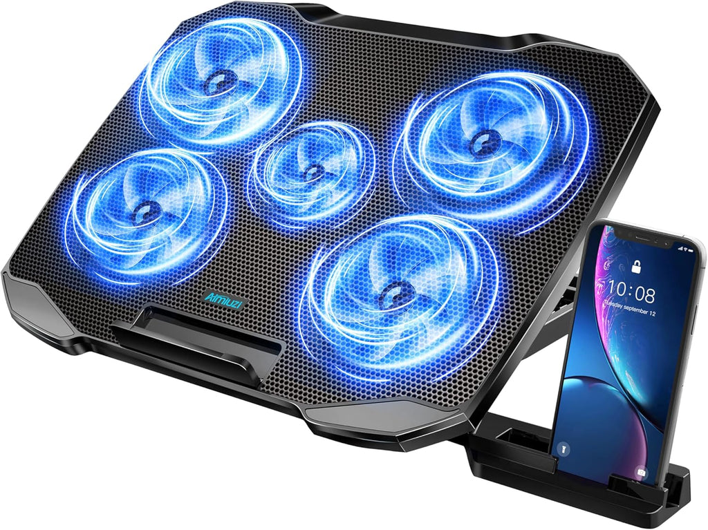 Laptop Kühler 12-15,6 Zoll,Laptop Lüfter Unterlage Leise Kühlung Kühlpad Cooler Cooling Pad Mit 5 Leisen Lüftern, 5 Höhenverstellbar, 2 Usb-Ports, 1 Telefonhalter (Blau)