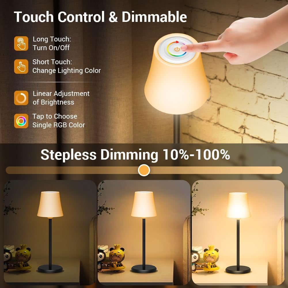 Tischlampe Kabellos Mit 3 Farbmodi+ RGB LED Tishcleuchte Aufladbar Akku Touch Control Stufenlos Dimmbar Nachttischlampe IP54 Wasserdicht Für Wohnzimmer Outdoor Esszimmer Camping Balkon Bar