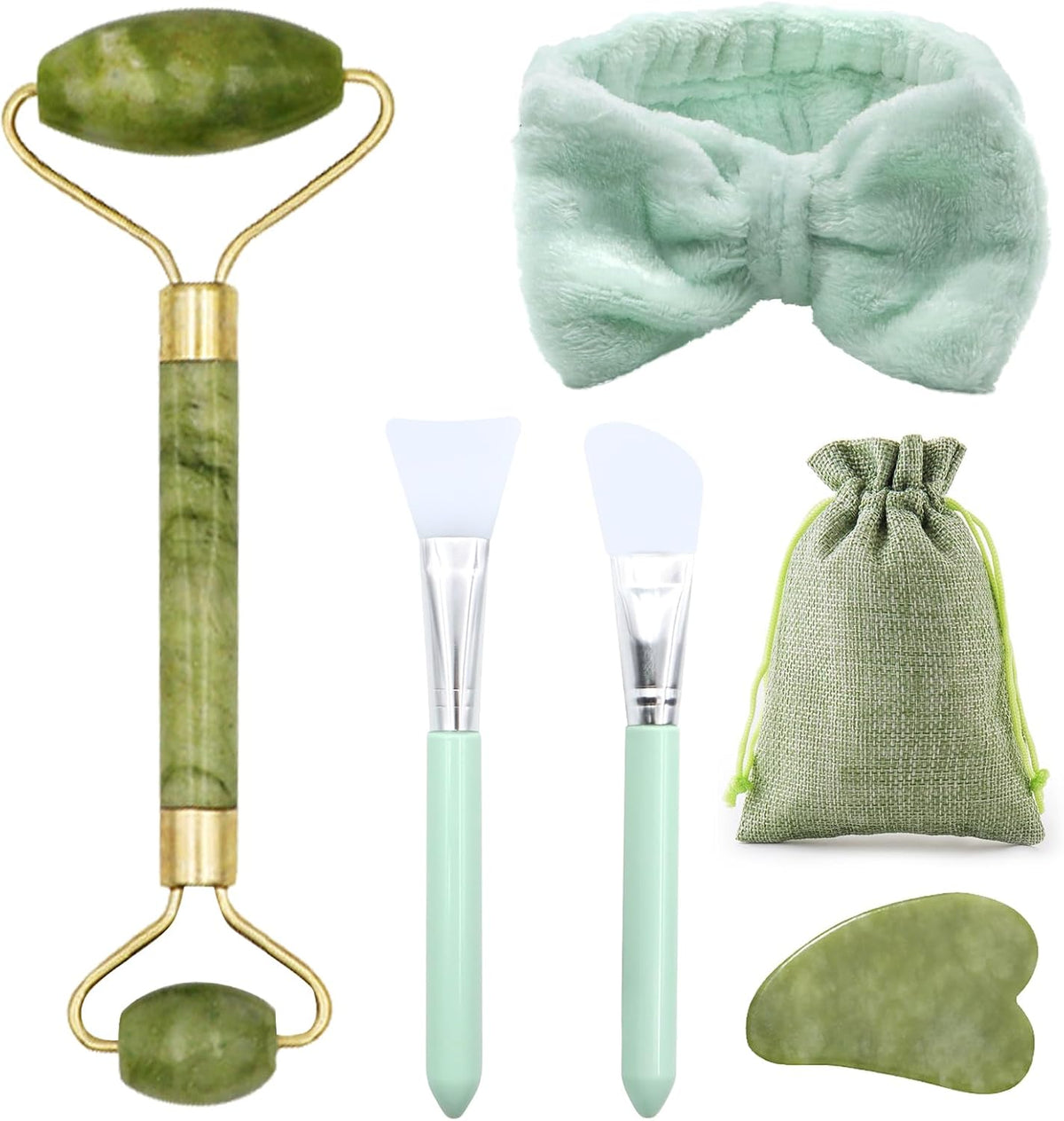 Scettar 6 Stück Jade Gua Sha Stein Set, Natürlicher Jade Massageroller, Gesichtsroller Massagewerkzeug Für Augenschwellungen Hautstraffung Face Massager