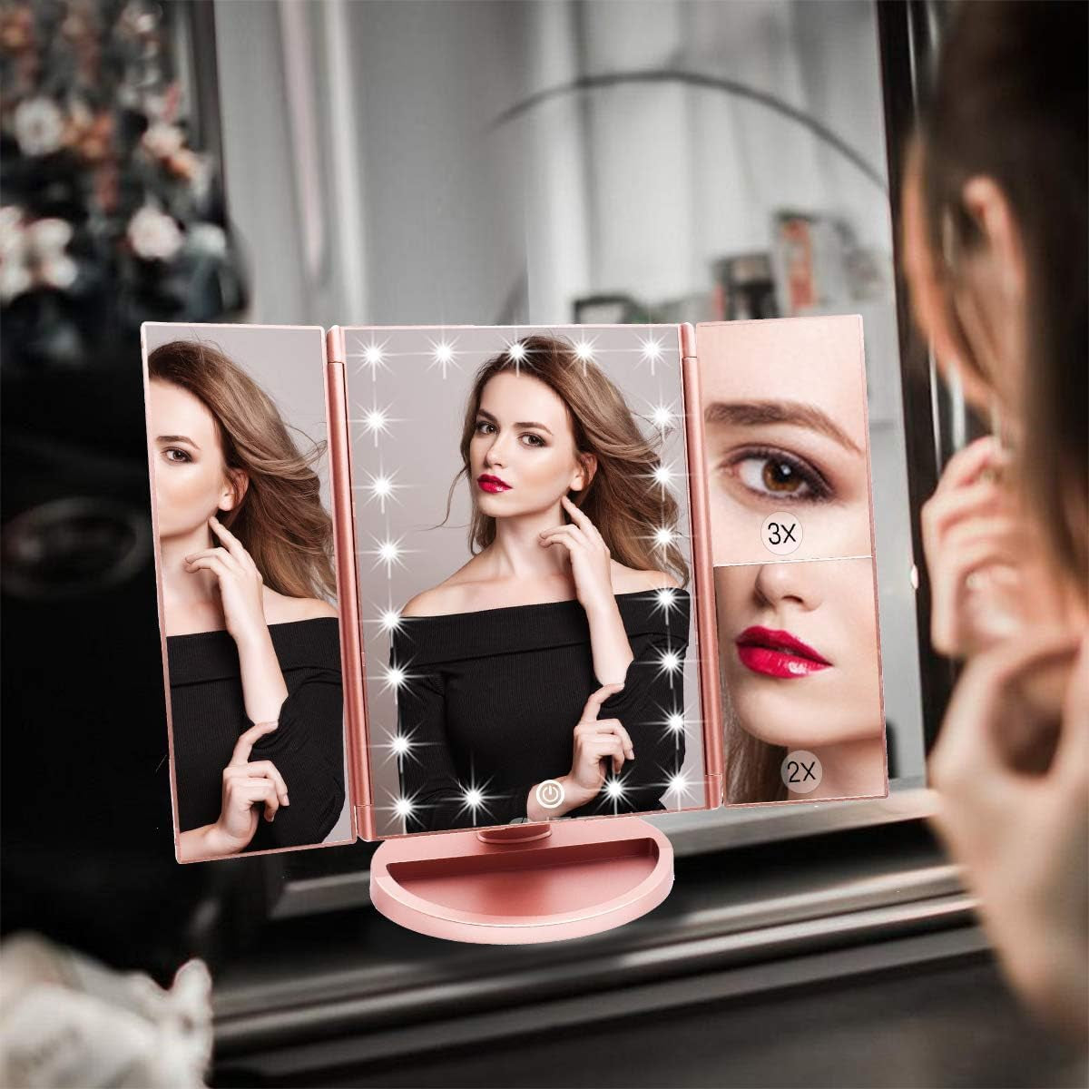 WEILY Schminkspiegel Mit Beleuchtung, Faltbarer Kosmetikspiegel Mit 3X/2X/1X Vergrößerung, 21 Natürliche LED Lichter, Batteriebetrieben Order USB Aufladen Dimmbarer Makeup Mirror (Rosengold)