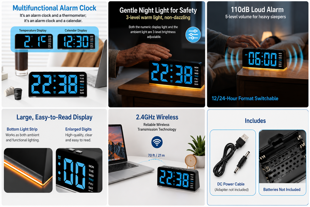 LED Digital Alarm Clock – Large Display, Dual Alarm, USB-C Charging Port, Snooze & Adjustable Brightness