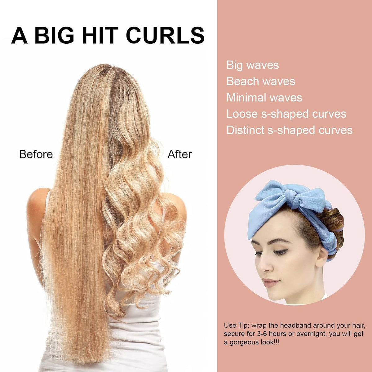 Neu Lockenwickler Locken Ohne Hitze,Heatless Curls Band Samt Über Nacht Mit Haarnadel Rutschfest DIY Hair Curler No Hea Set Haarband Wave Formers Für Mittleres Langes Haar Blau