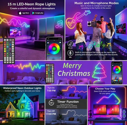 15M RGB Neon LED Strip – App & Remote Control, Music Sync, Waterproof IP65 for Bedroom & Gaming