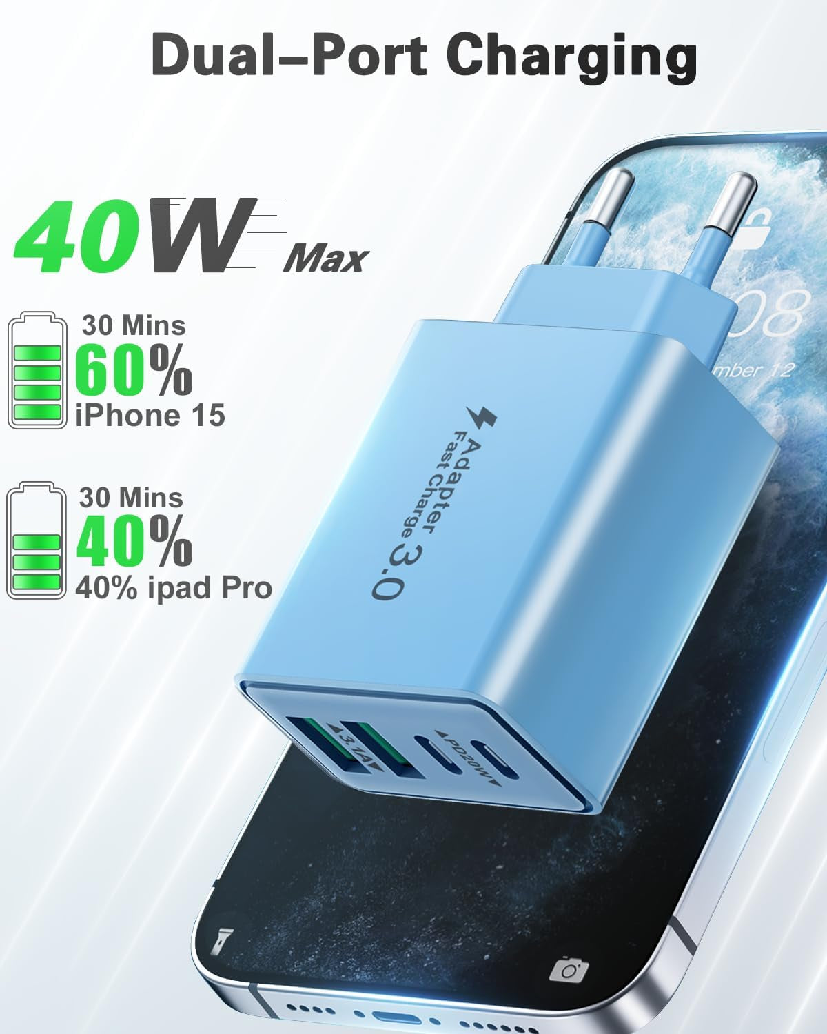 USB C Ladegerät, 40W 4 Ports USBC Stecker Mehrfach Schnellladegerät Typ Ladestecker Mit PD Adapter+Qc Ladegerät Für Iphone 17 16 15 14 13 Pro Max plus 12 11, Ipad, Samsung Galaxy, Handys Fast Charger