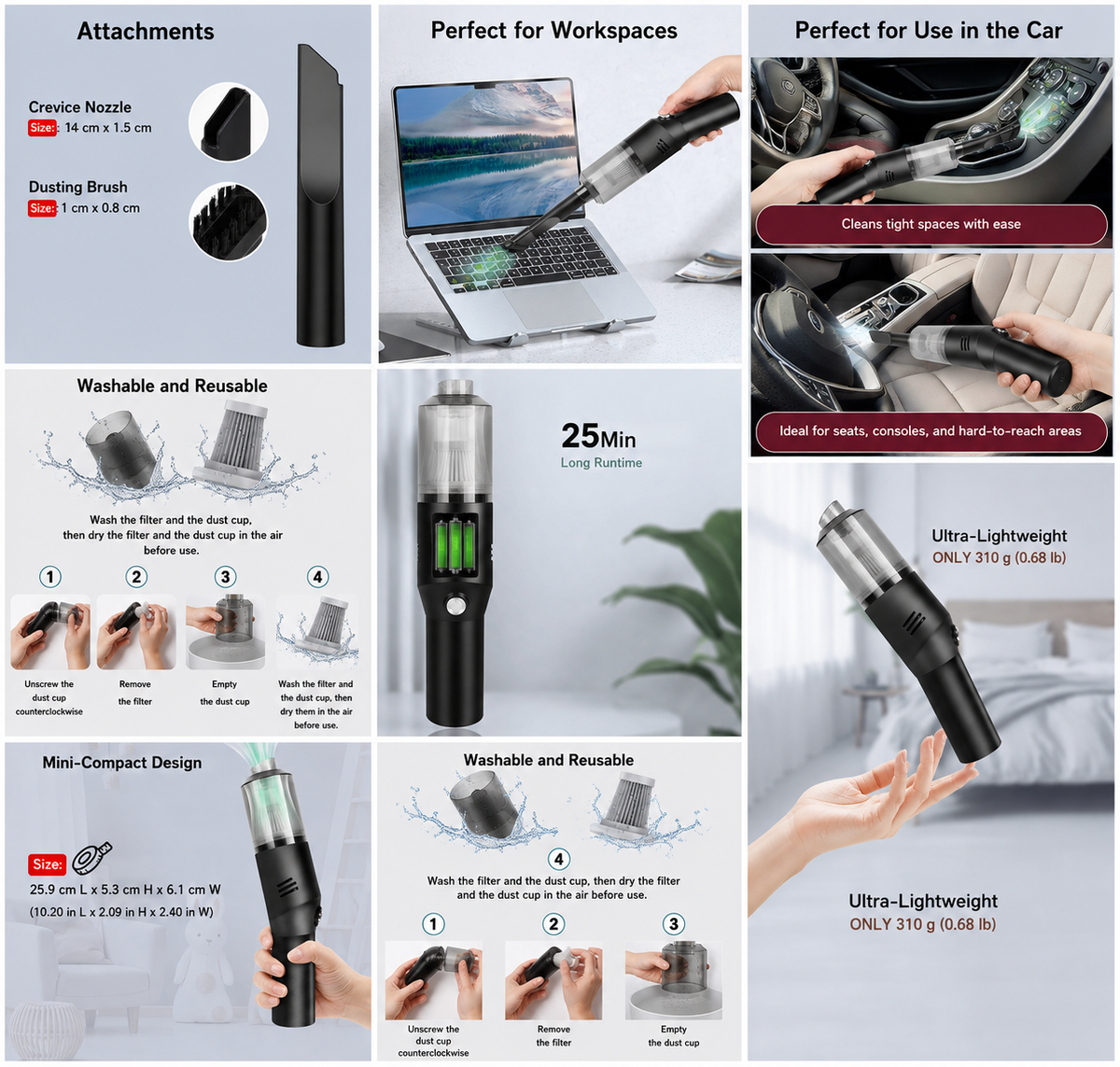 Suloea Cordless Mini Handheld Vacuum Cleaner – USB-C Rechargeable, 4500Pa (Black)