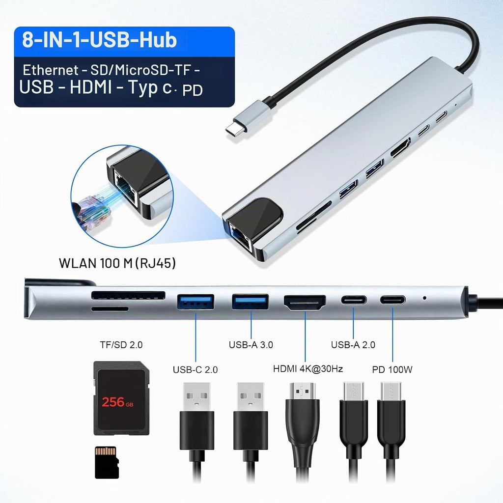 8-In-1 USB C Hub Dockingstation Mit HDMI 4K@30Hz, 100W PD, RJ45 Ethernet, SD/TF Kartenleser, USB 3.0/2.0, USB C Hub HDMI Ethernet, USB C LAN Adapter Für Macbook, Ipad, Laptop