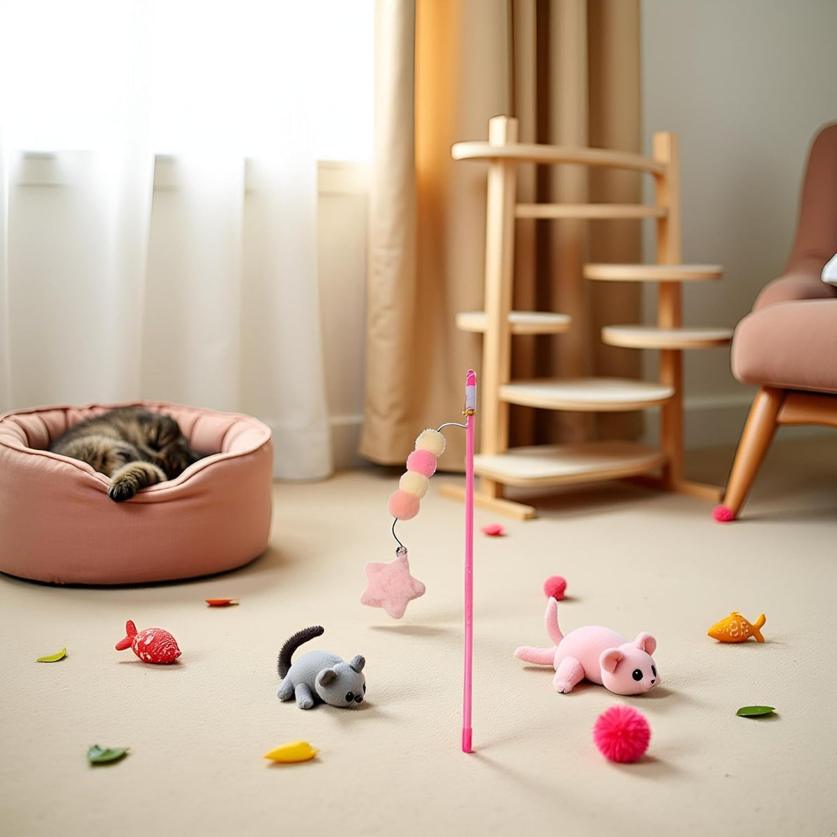 Pink Cat Stick Toy, Cat Teaser Wand Toys, Interactive Cat Toys, Elastic Rope Plush Ball Star Pendant Bite Comfortable Grip, Indoor Cats and Kitten Wand Mäuse Und Tiere