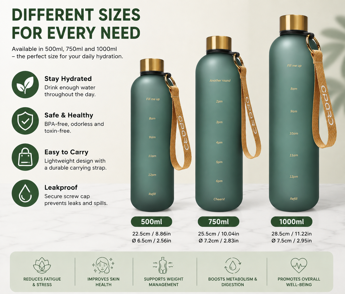 Opard 1L Tritan Water Bottle – BPA-Free Sports Bottle with Time Markers & Leak-Proof Lid