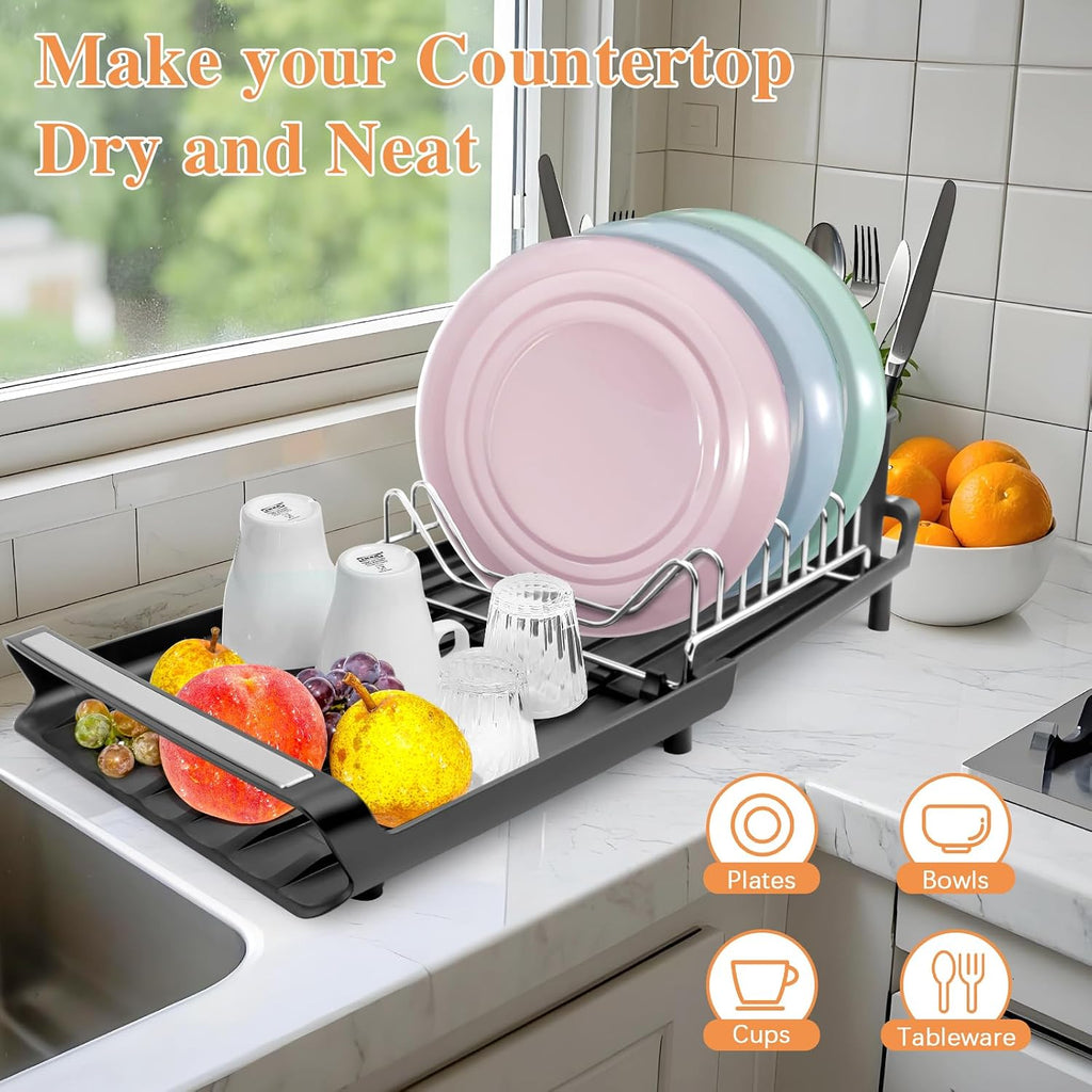 Abtropfgestell Geschirr Abtropfständer Erweiterbar Geschirrabtropfgestell Geschirrtrockner Edelstahl Abtropfgestell Geschirabtropfständer Geschirr Trockengestell Für Spüle Dish Drying Rack Schwarz