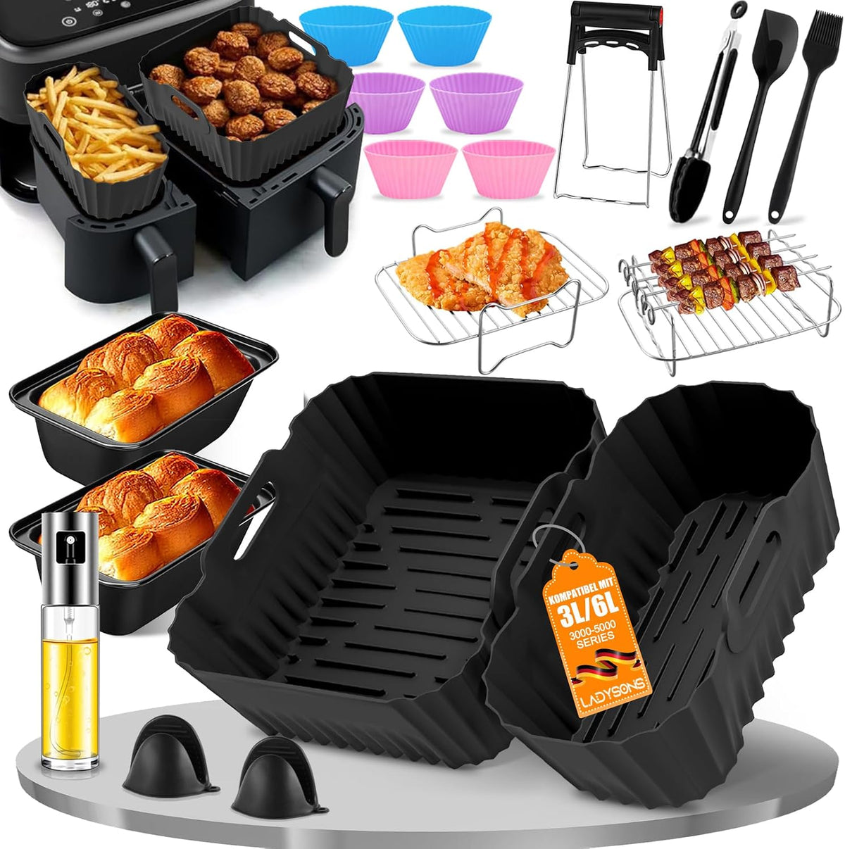 Heißluftfritteuse Zubehör Für Philips Airfryer Dual Basket 3000 Series - Air Fryer Accessories Einschließlich Silikonform, Grillrost, Brotbackformen, Küchenzange, Ölspray, Usw