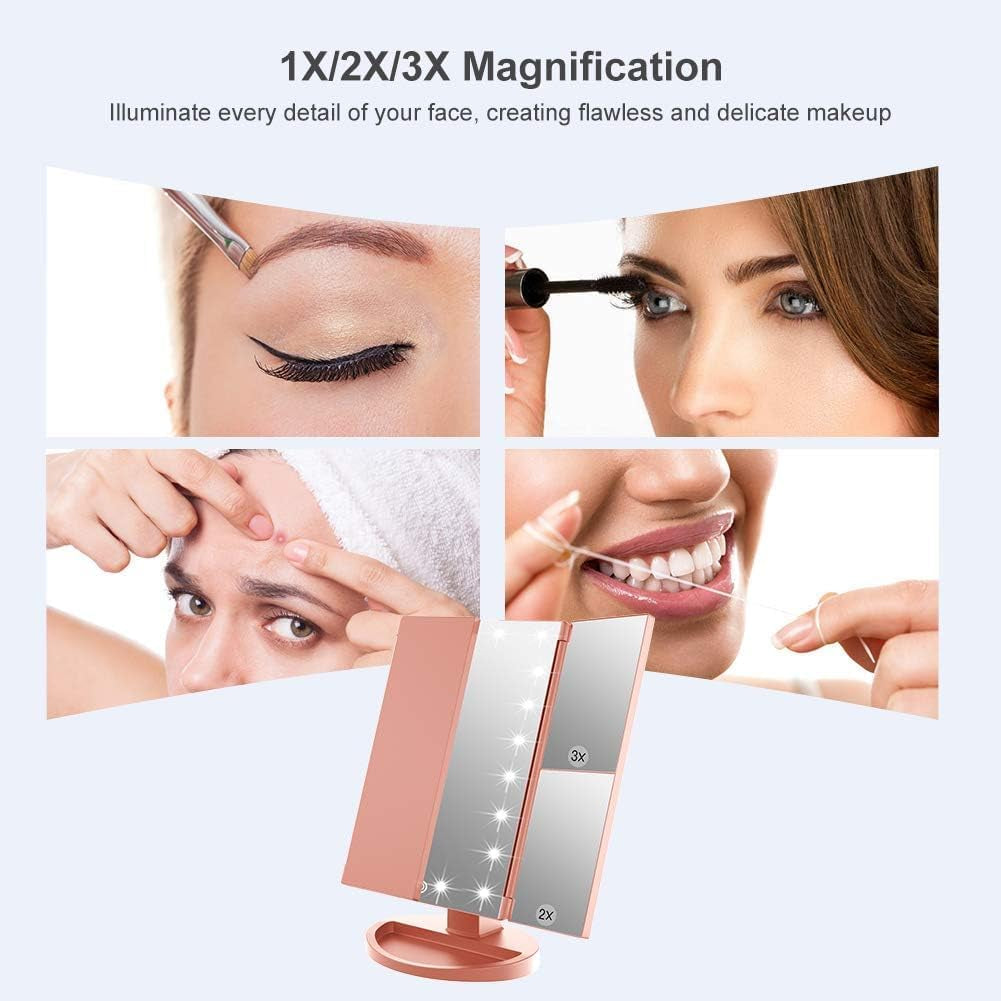 WEILY Schminkspiegel Mit Beleuchtung, Faltbarer Kosmetikspiegel Mit 3X/2X/1X Vergrößerung, 21 Natürliche LED Lichter, Batteriebetrieben Order USB Aufladen Dimmbarer Makeup Mirror (Rosengold)