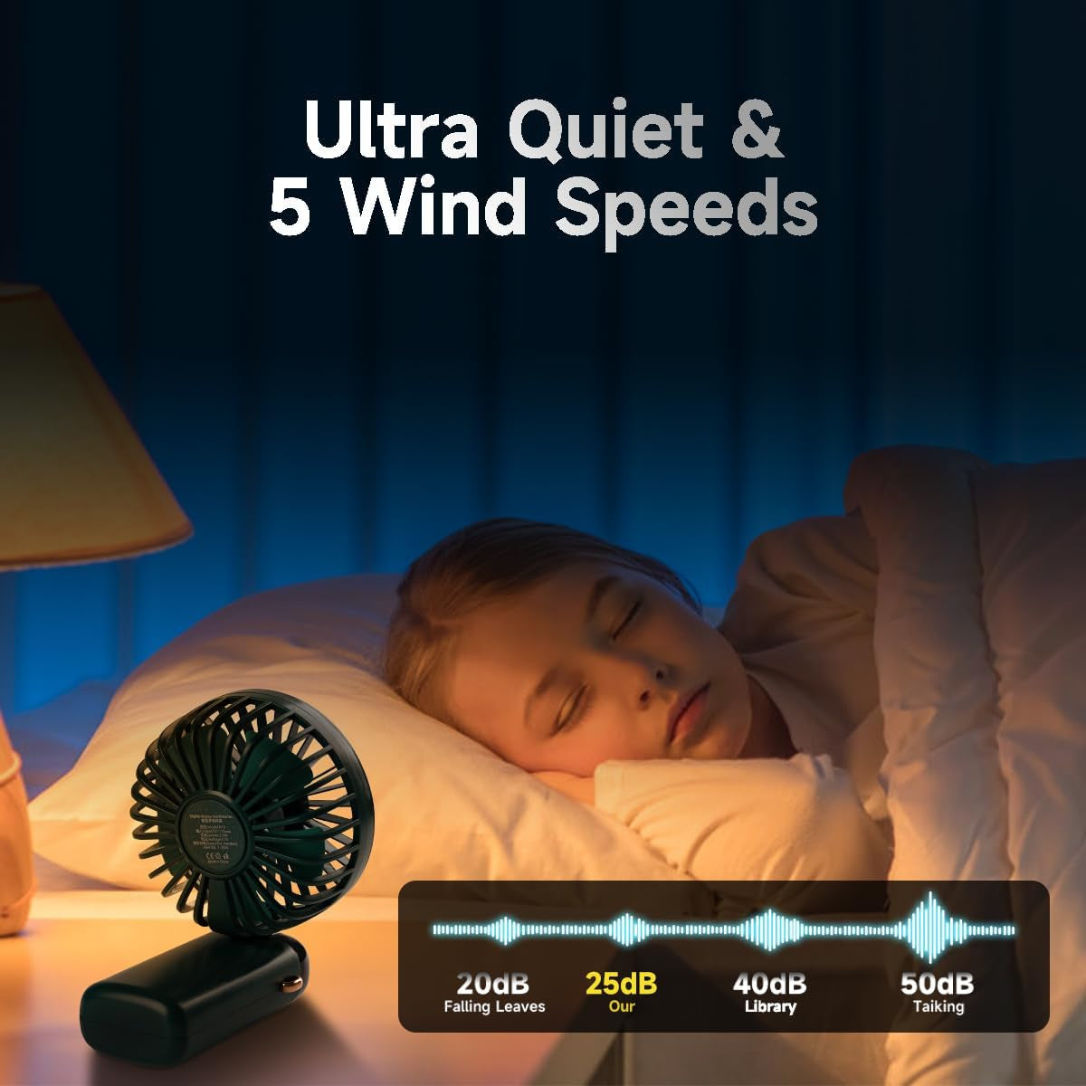 Mini-Handventilator, Typ-C Wiederaufladbar, Ventilator Mit Digitalanzeige, 90° Faltbar, 5-Speed Wind, Handheld/Hals/Schreibtisch 3 in 1 Persönlicher Kleiner Ventilator (Tiefgrün)