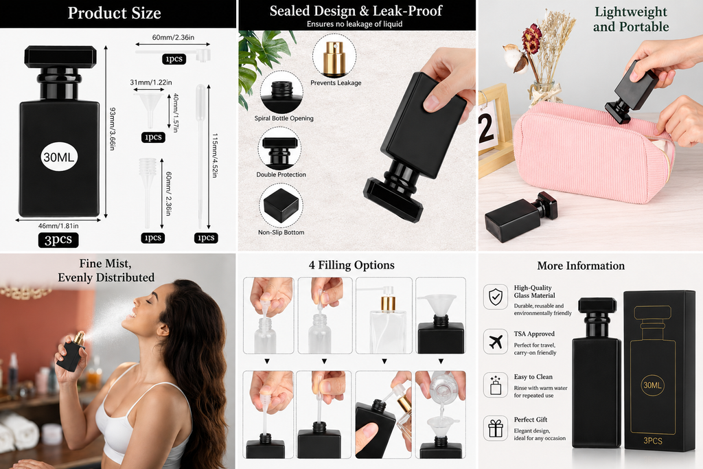 Refillable Glass Perfume Atomiser – 30ml Travel Spray Bottle Set with Funnel & Dropper (3 Pack)
